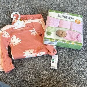 Newborn set and swaddles Pink Floral Baby Outfit and Swaddle Set